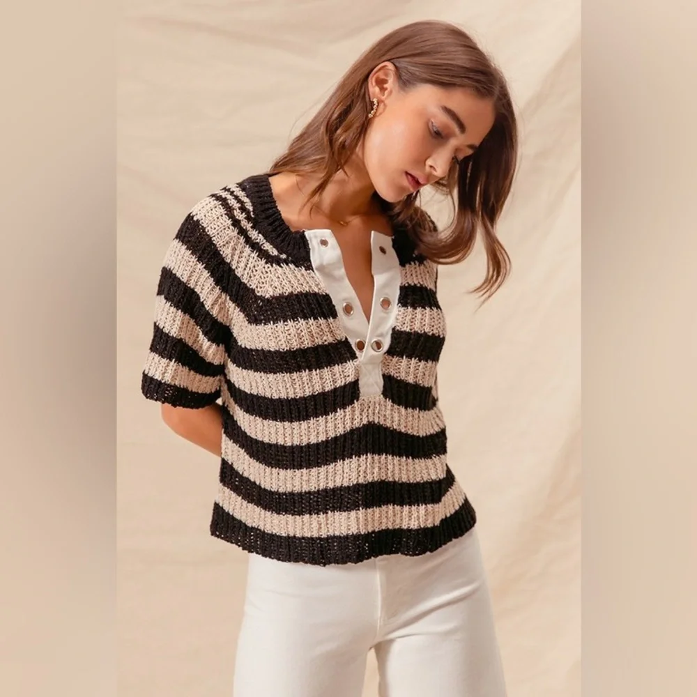 Oatmeal black eyelet boho stripe placket striped bohemian tunic top sweater - Picture 5 of 6